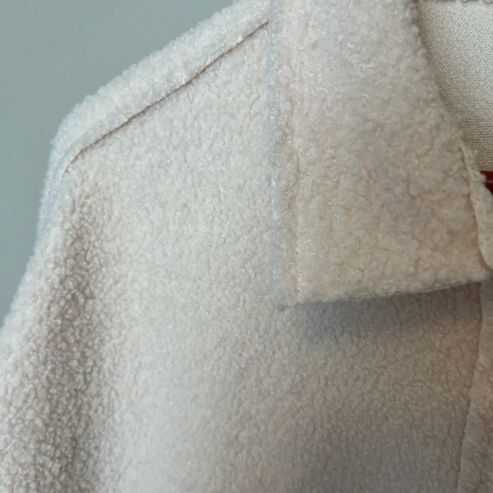Cream Button-Up boucle teddy bear Jacket with deep patch Pockets. Shacket style